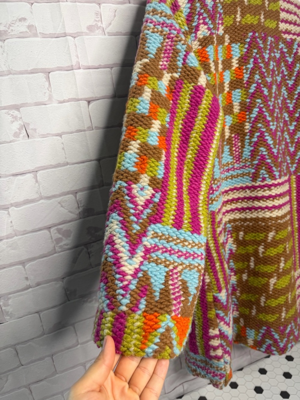 Tempo Paris Chunky‎ Knit Statement Coat Multicolor Boho Patchwork Jacket Sz S/M - Picture 10 of 14